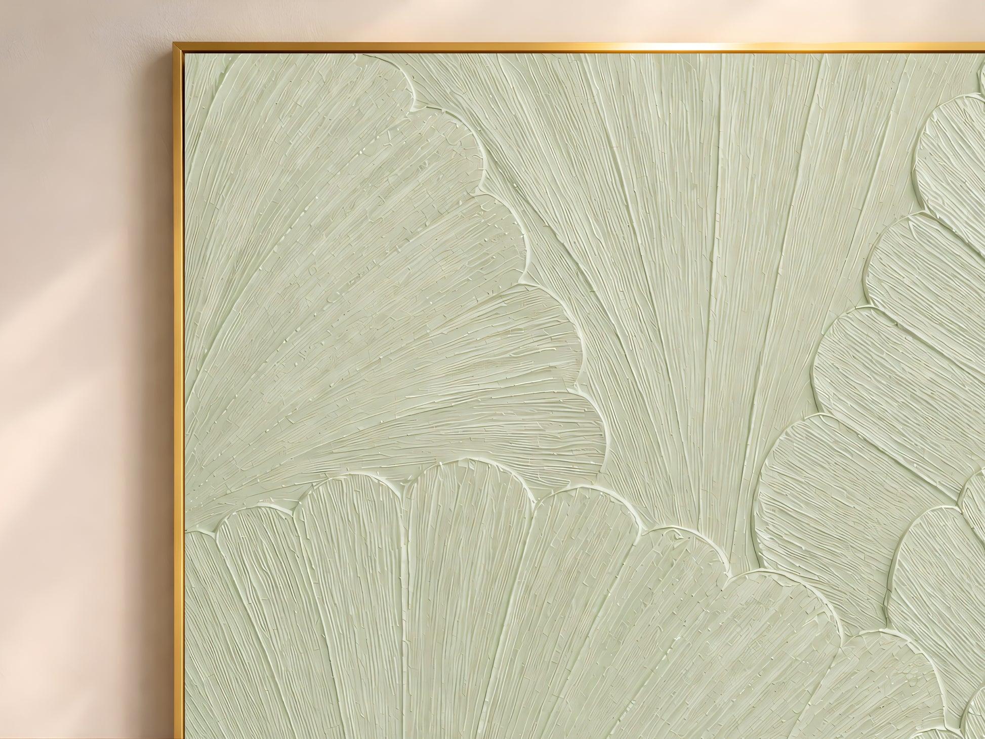 Close-up of thin gold frame edge on celadon scalloped mosaic print, showing impasto texture detail
