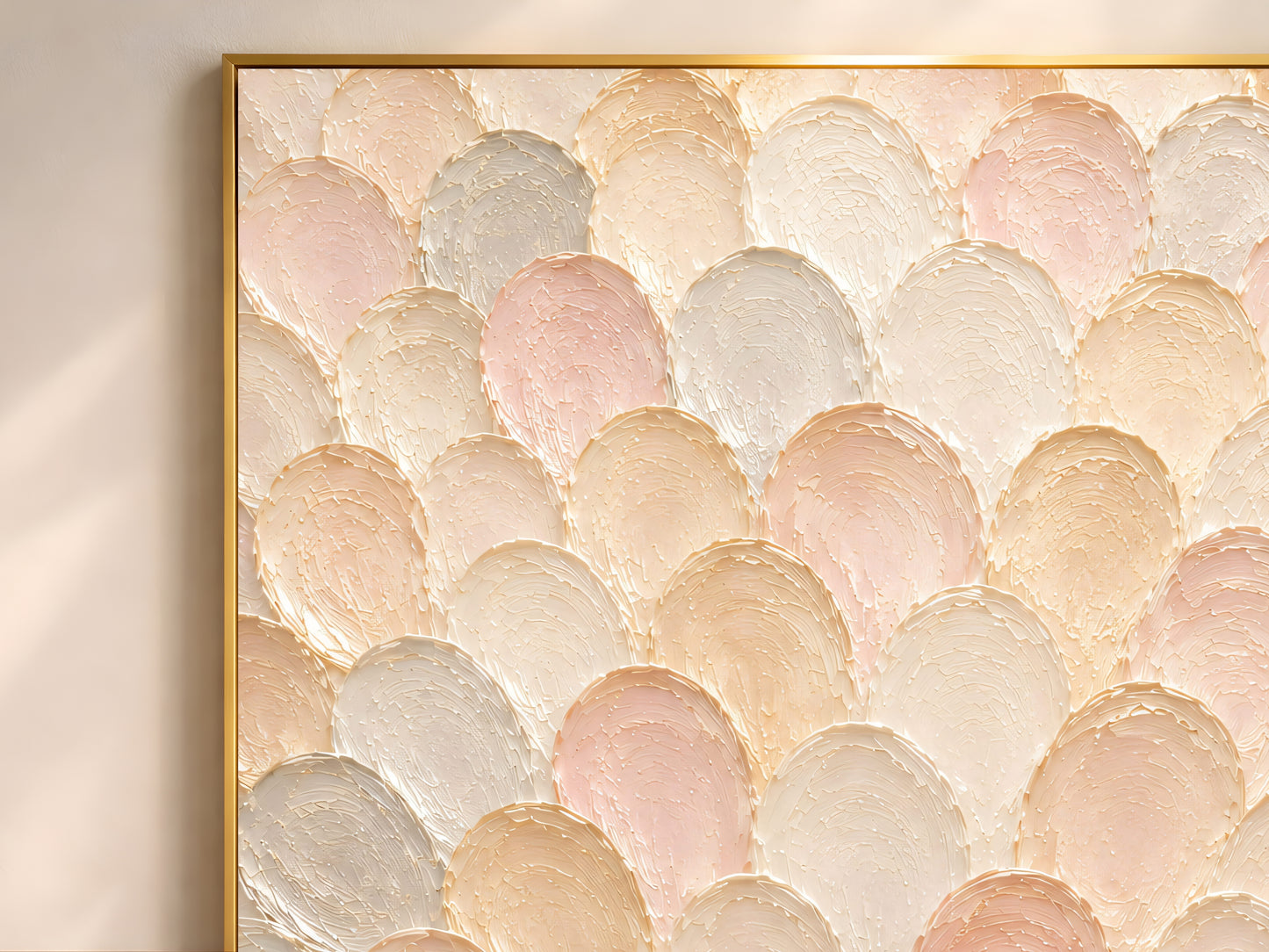 Close-up detail of the radiating impasto texture showing blush, peach, gold, and dove grey discs

