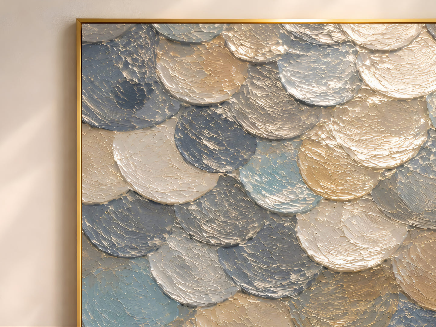 Close-up detail of the impasto capiz shell texture showing slate blue, khaki gold, and cream discs
