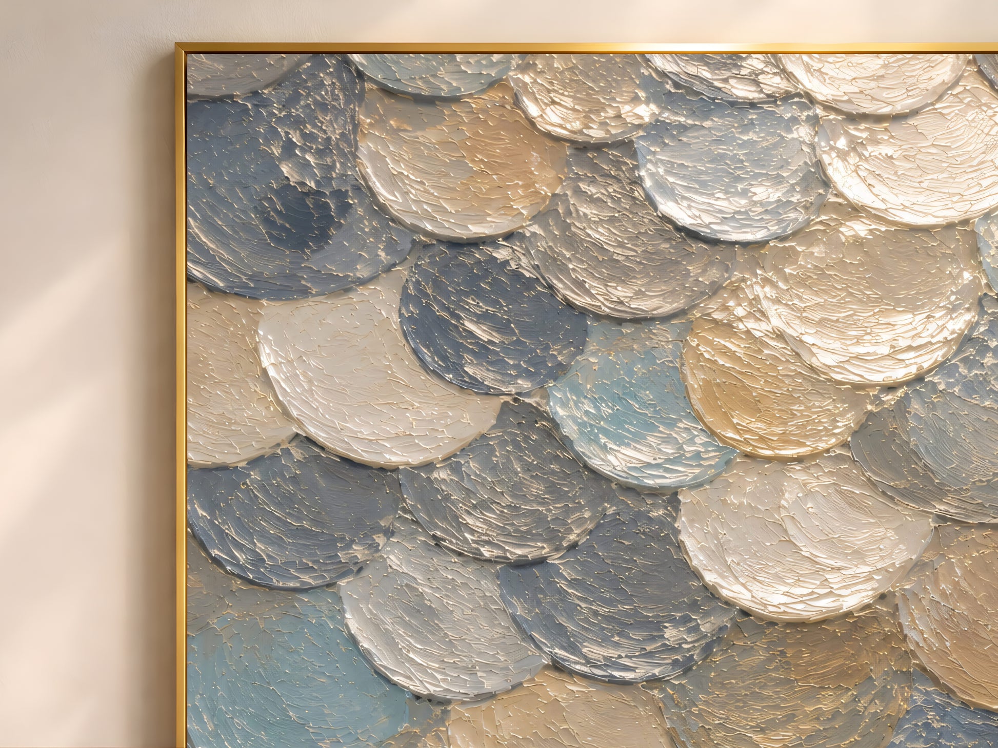 Close-up detail of the impasto capiz shell texture showing slate blue, khaki gold, and cream discs
