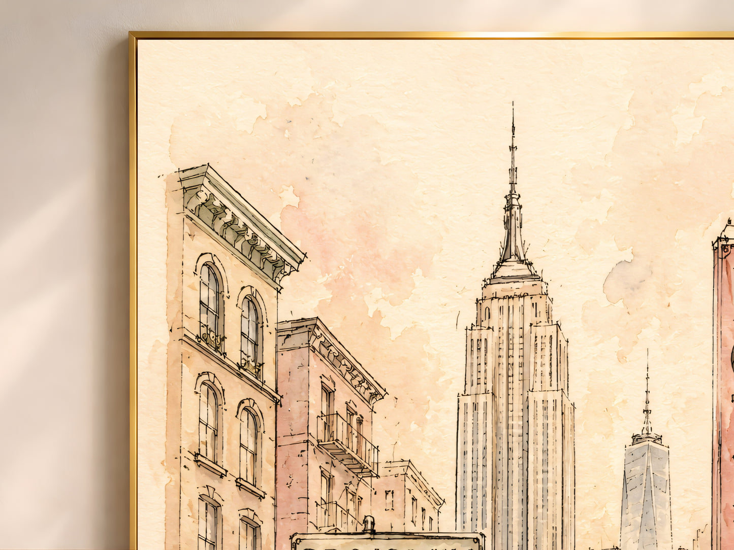 Close-up detail of Empire State Building watercolor sketch, New York street scene wall art texture
