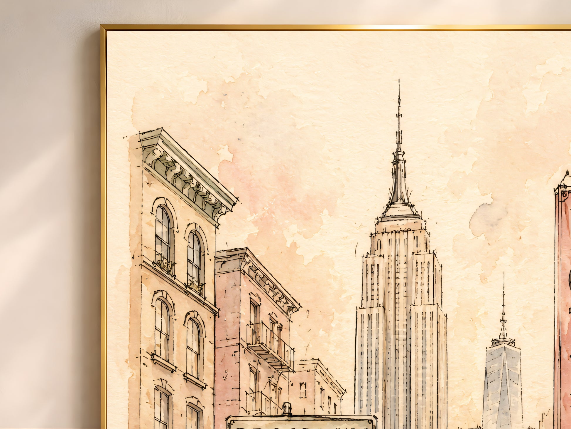 Close-up detail of Empire State Building watercolor sketch, New York street scene wall art texture
