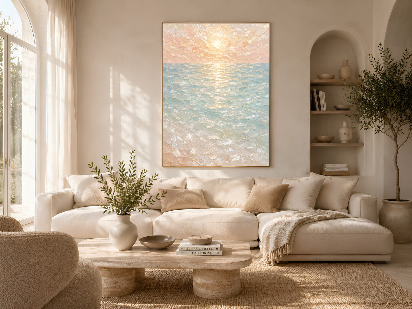Mosaic Ocean Wall Art, Pastel Sunset Seascape Print - Digital Download