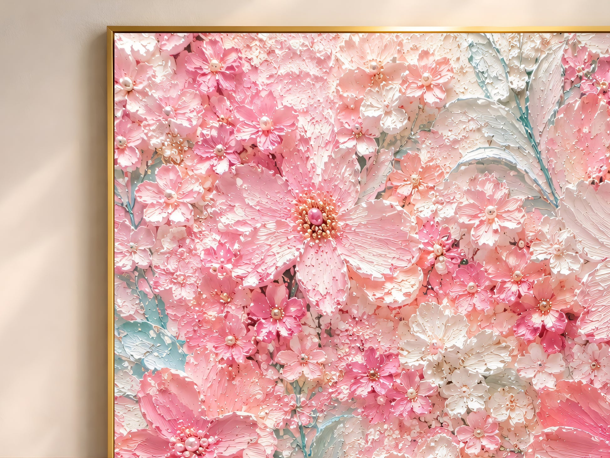 Close-up of textured impasto blossom painting with pearl centers in a gold frame
