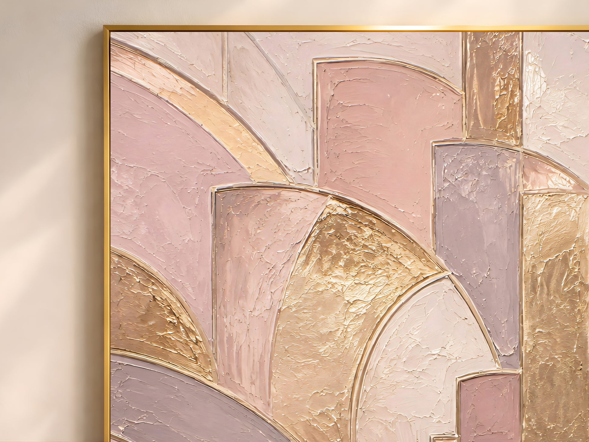 Close-up of textured impasto art deco fan painting showing gold leaf and brushstroke detail
