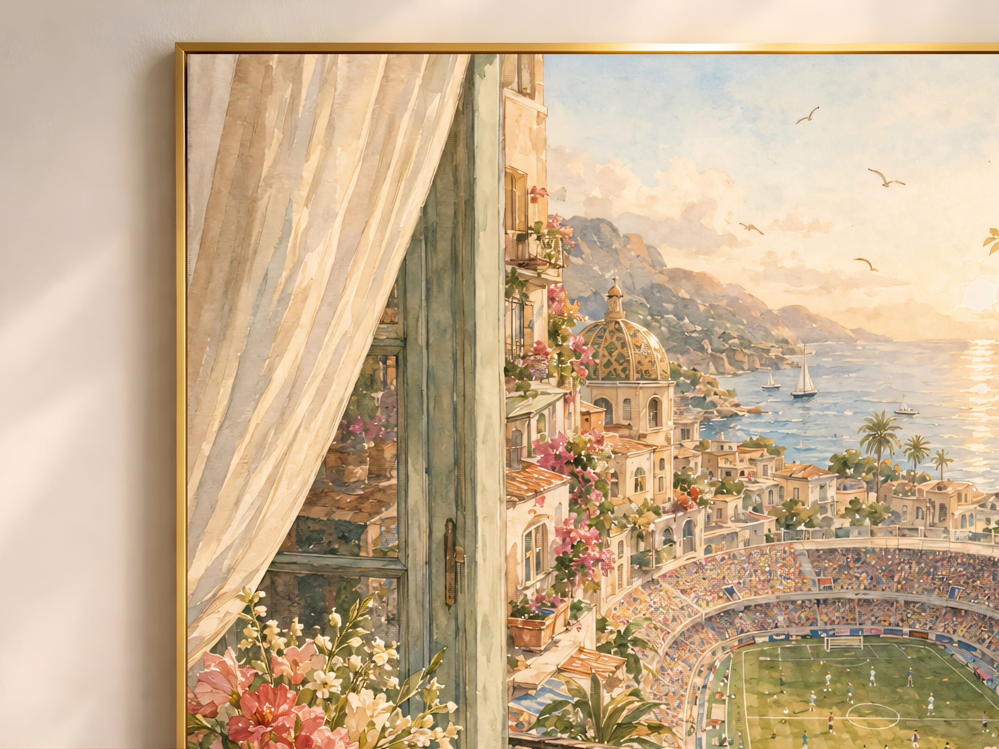 Close-up detail of the watercolor painting, showing the open balcony window, sunset light over the coastline, and stadium view beyond.

