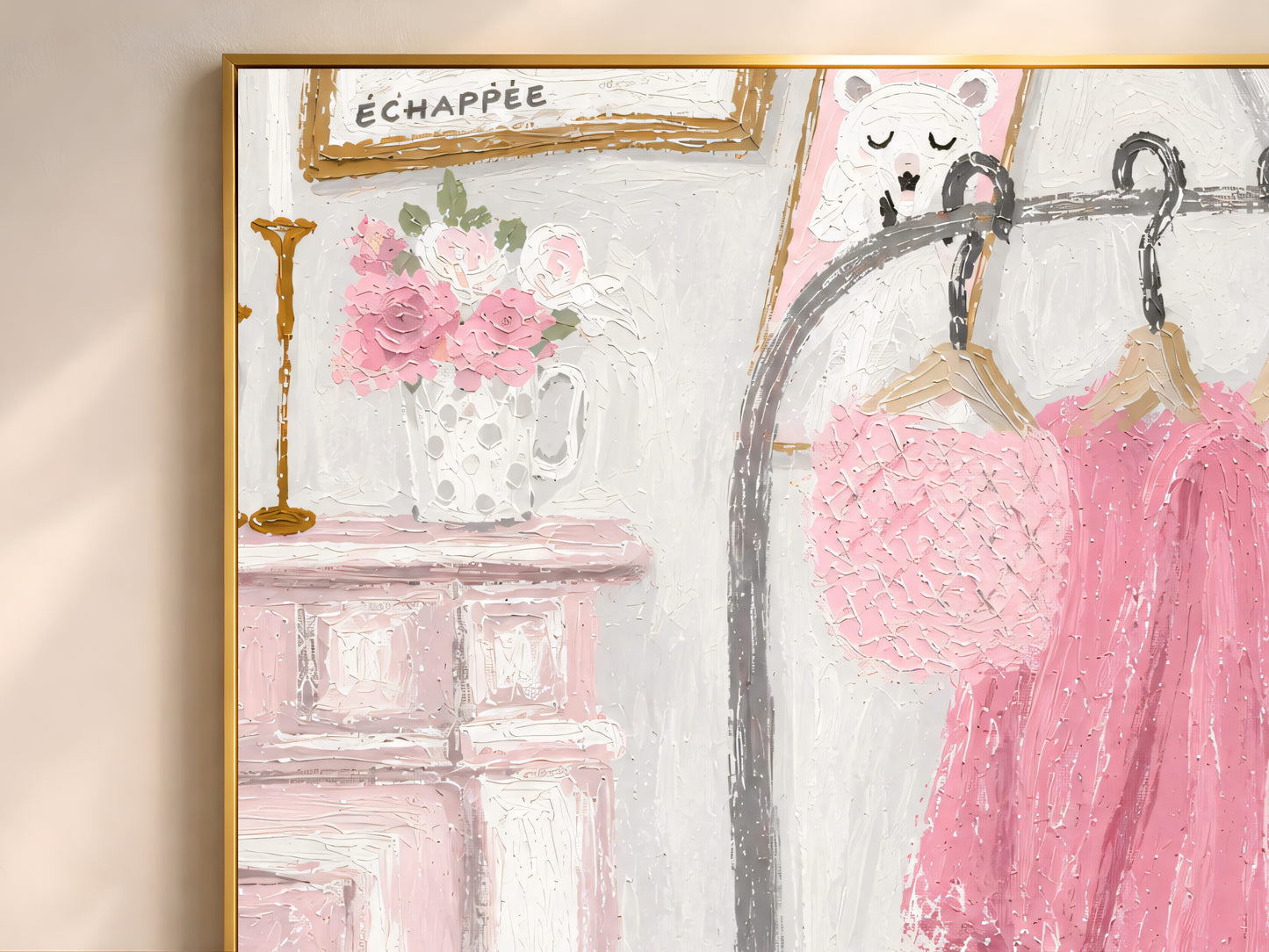 Close-up of pink dressing room painting detail, coquette wall art with cherry blossom and robes
