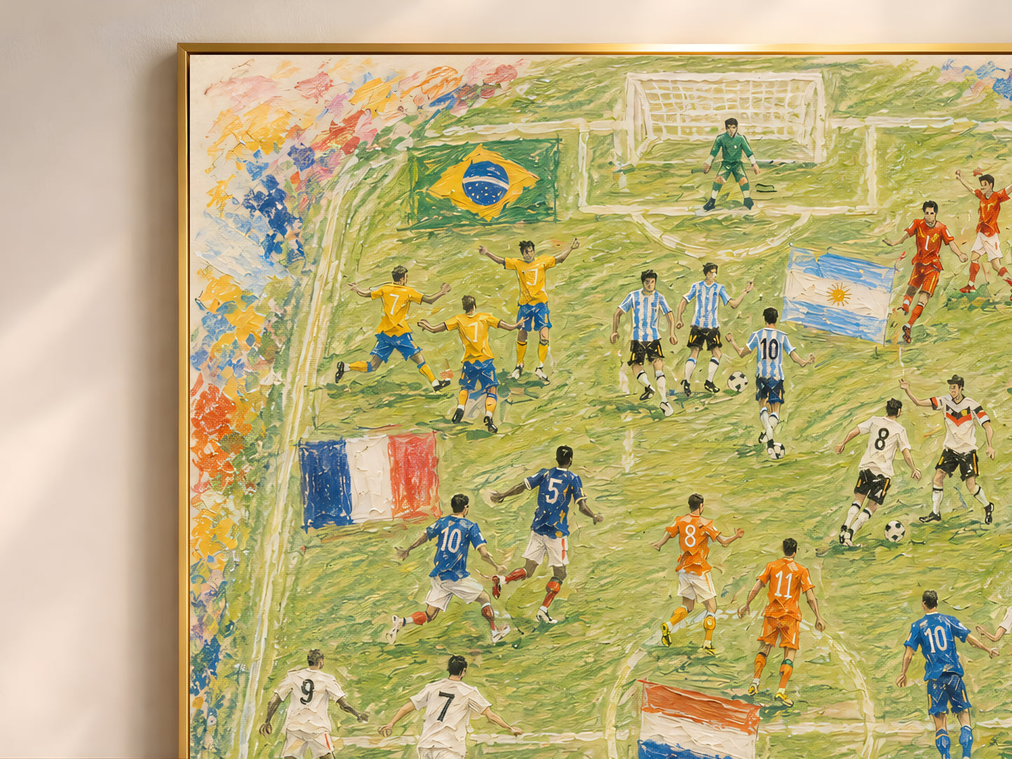 Close-up of impasto textured soccer painting print showing brushstrokes, teams, and flags detail
