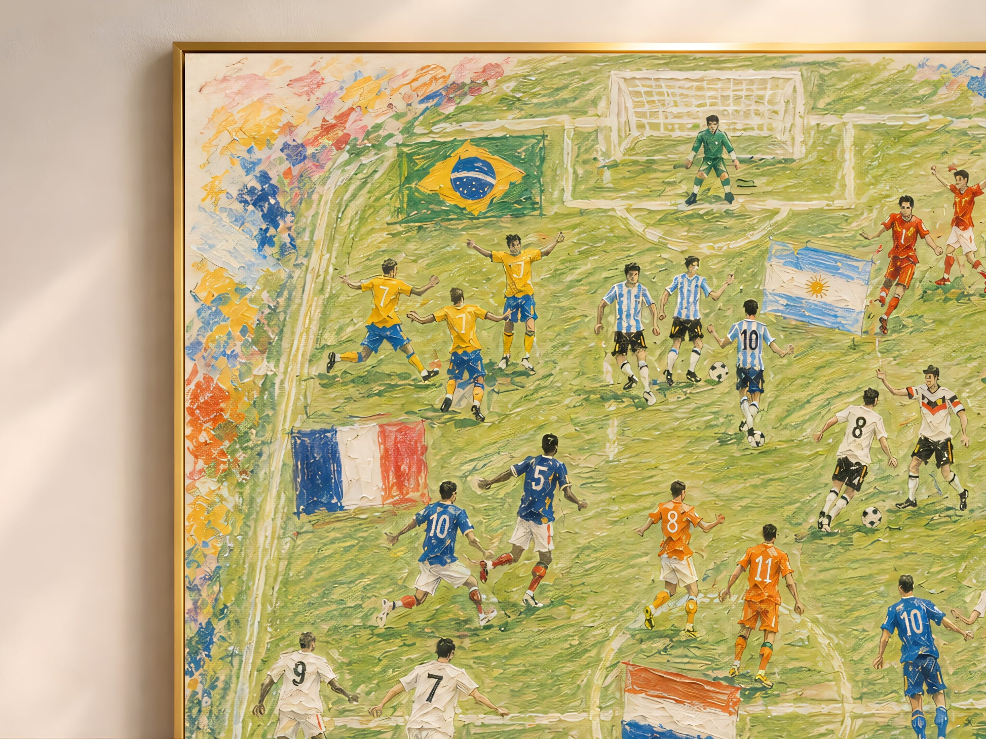 Close-up of impasto textured soccer painting print showing brushstrokes, teams, and flags detail
