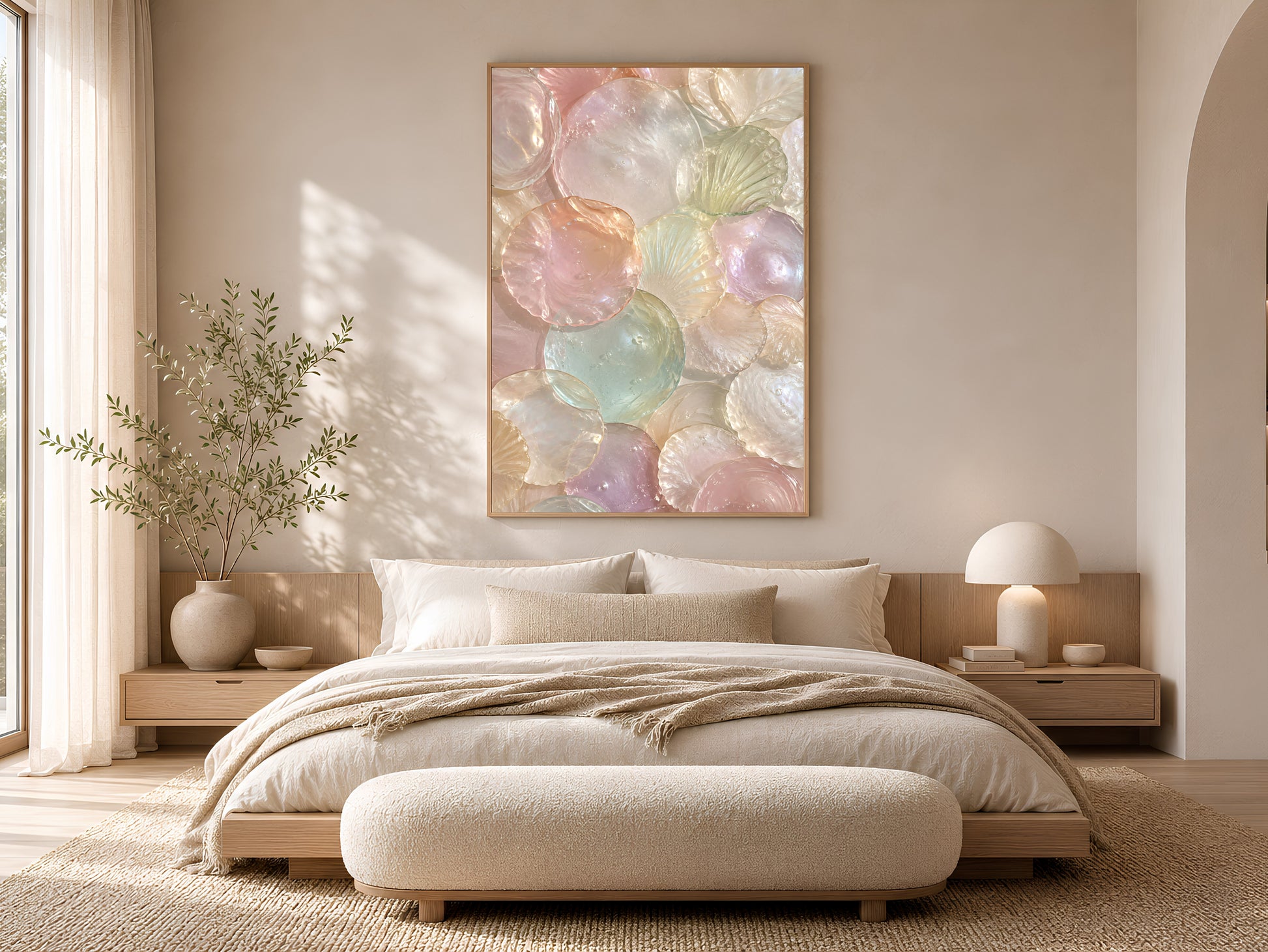 Murano Glass Shell Wall Art Above Bed, Soft Pink Coastal Decor for Minimalist Bedroom Interiors