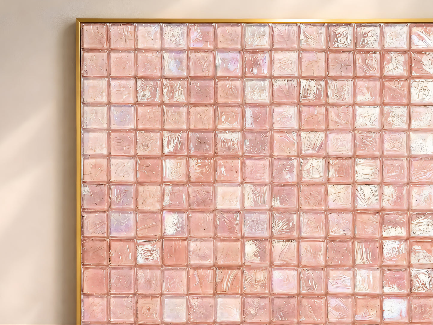 Close-up of pink iridescent mosaic tile texture showing blush, pearl, and lilac shimmer in a gold frame
