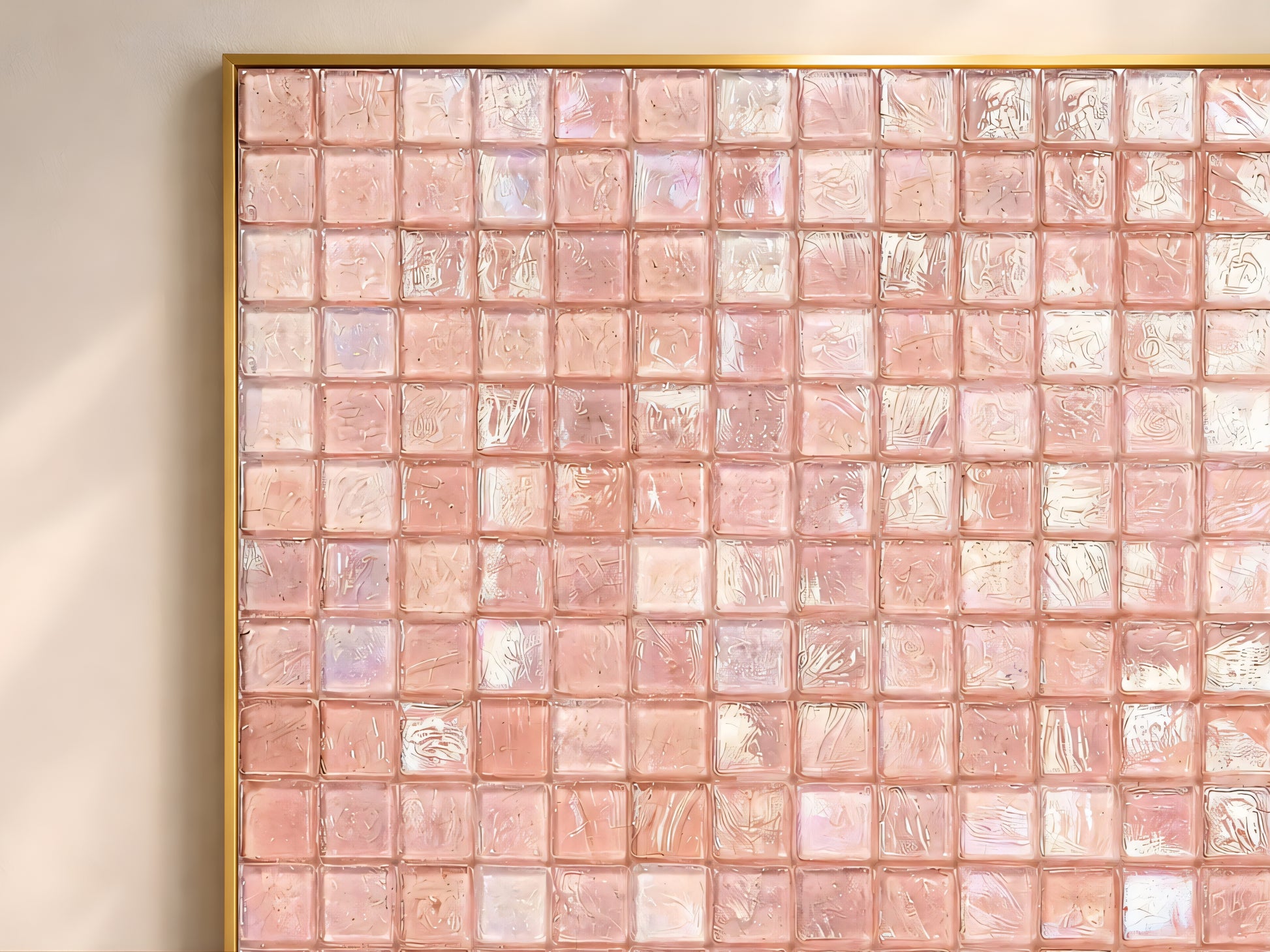 Close-up of pink iridescent mosaic tile texture showing blush, pearl, and lilac shimmer in a gold frame
