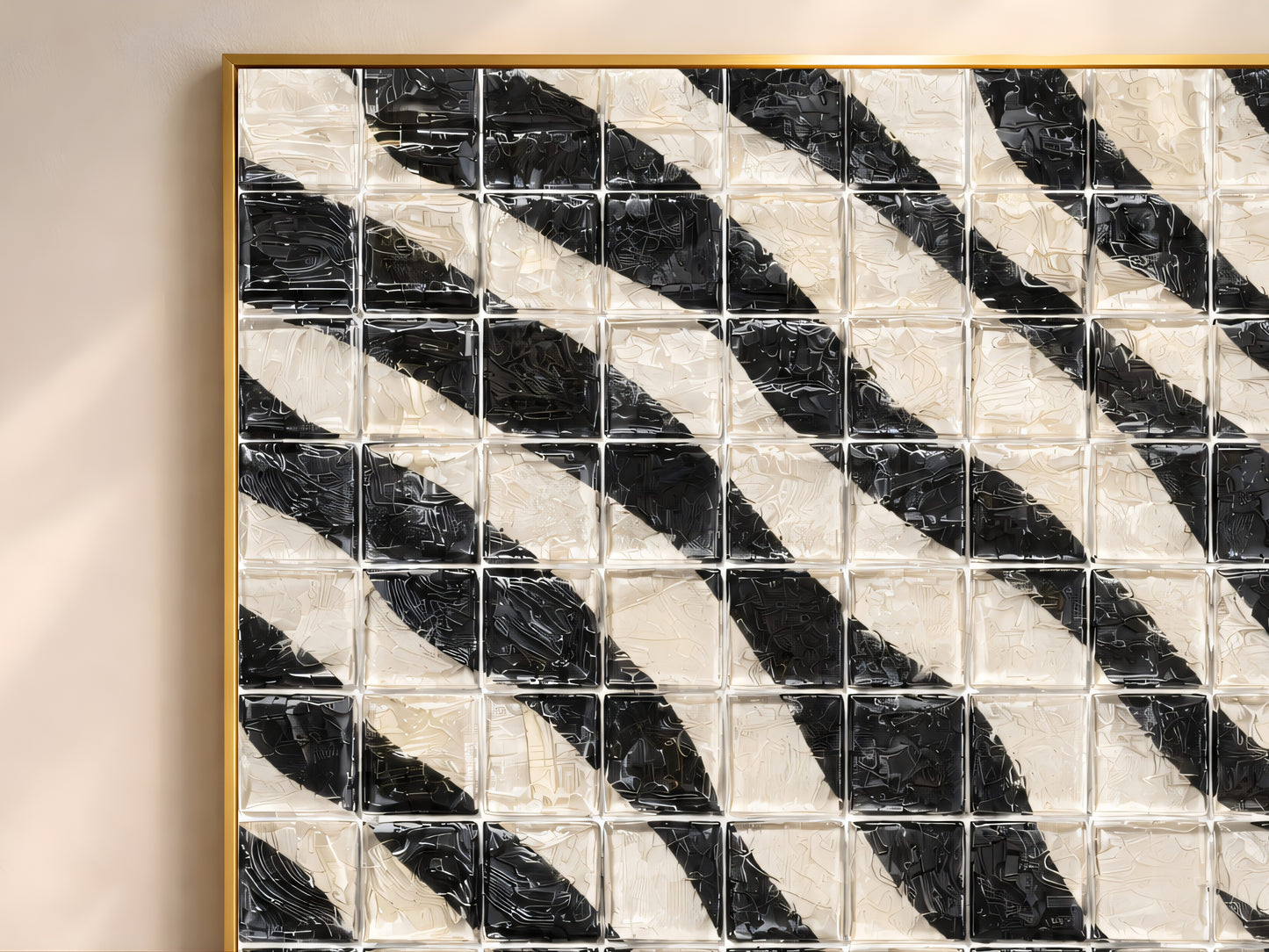 Close-up of black and white diagonal stripe impasto mosaic tile wall art in a gold frame showing bold contrasting brushstroke texture on each tile square

