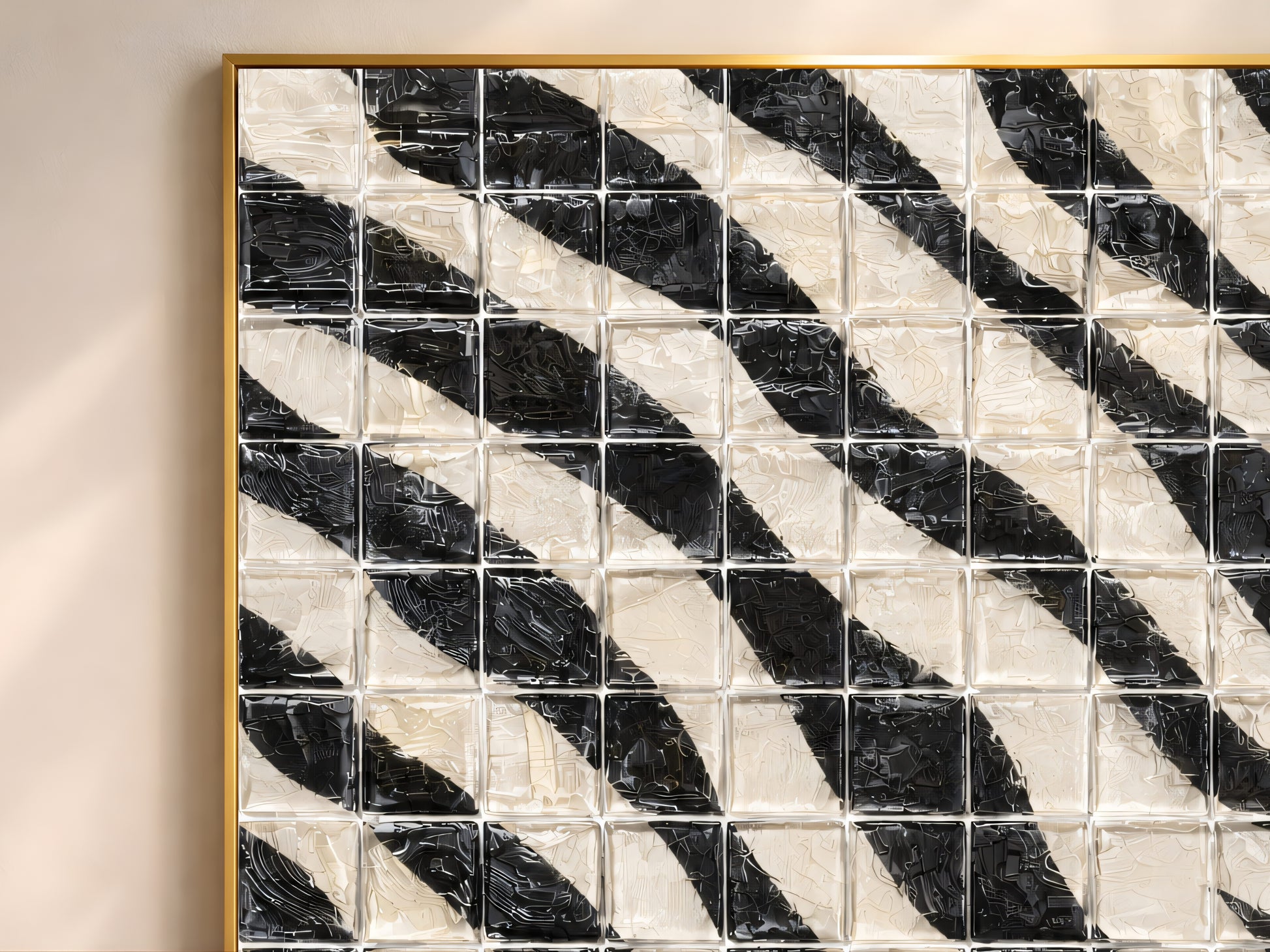 Close-up of black and white diagonal stripe impasto mosaic tile wall art in a gold frame showing bold contrasting brushstroke texture on each tile square

