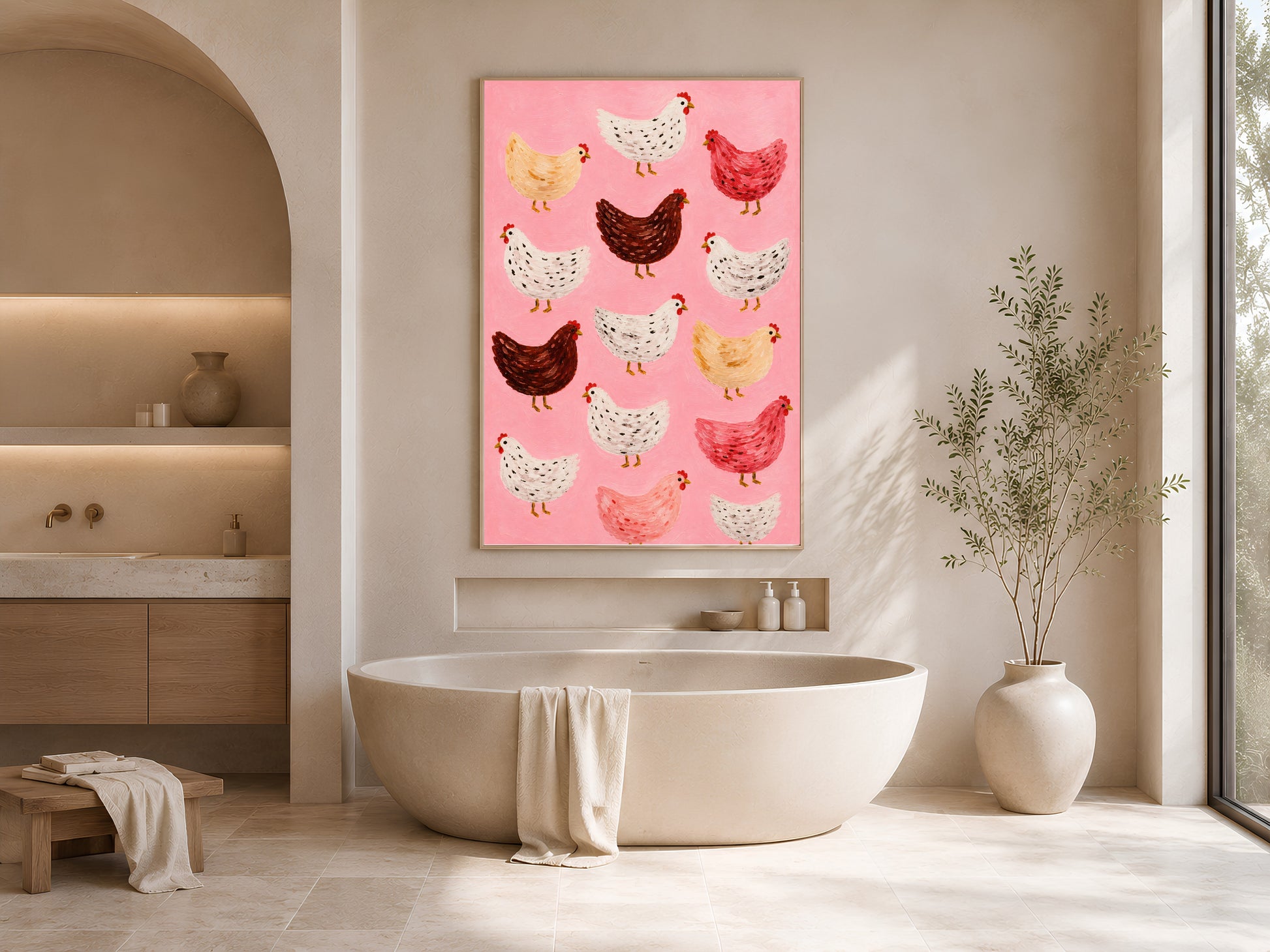 Framed impasto flock of chickens print on white wall in minimal bathroom beside freestanding soaking tub and arch doorway
