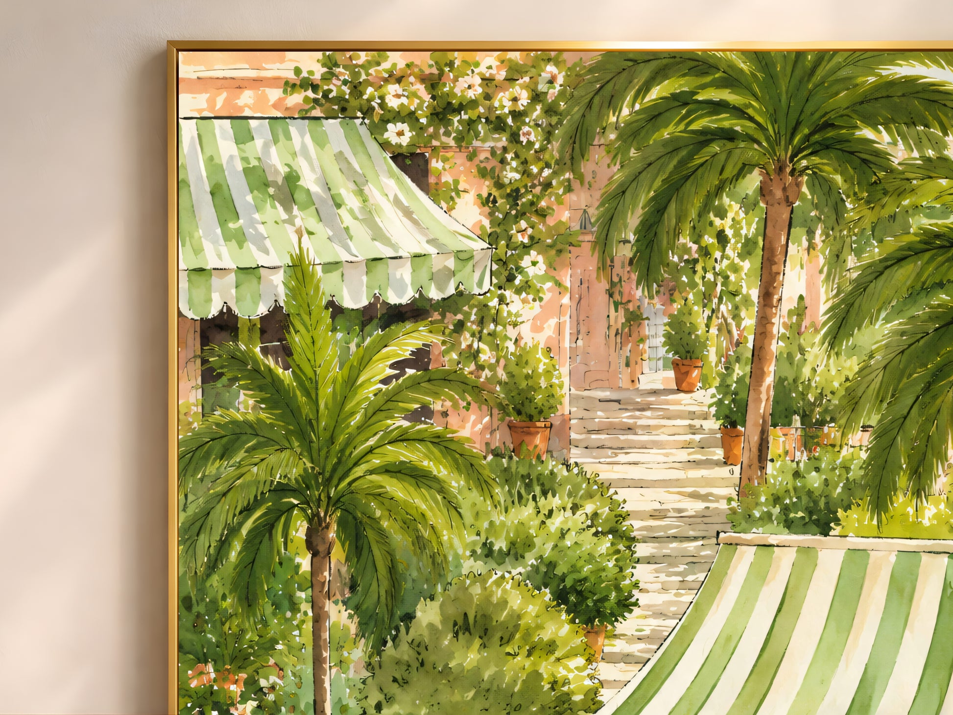Close-up of watercolor tennis club illustration showing a striped cabana bar, palm trees, and stone steps.

