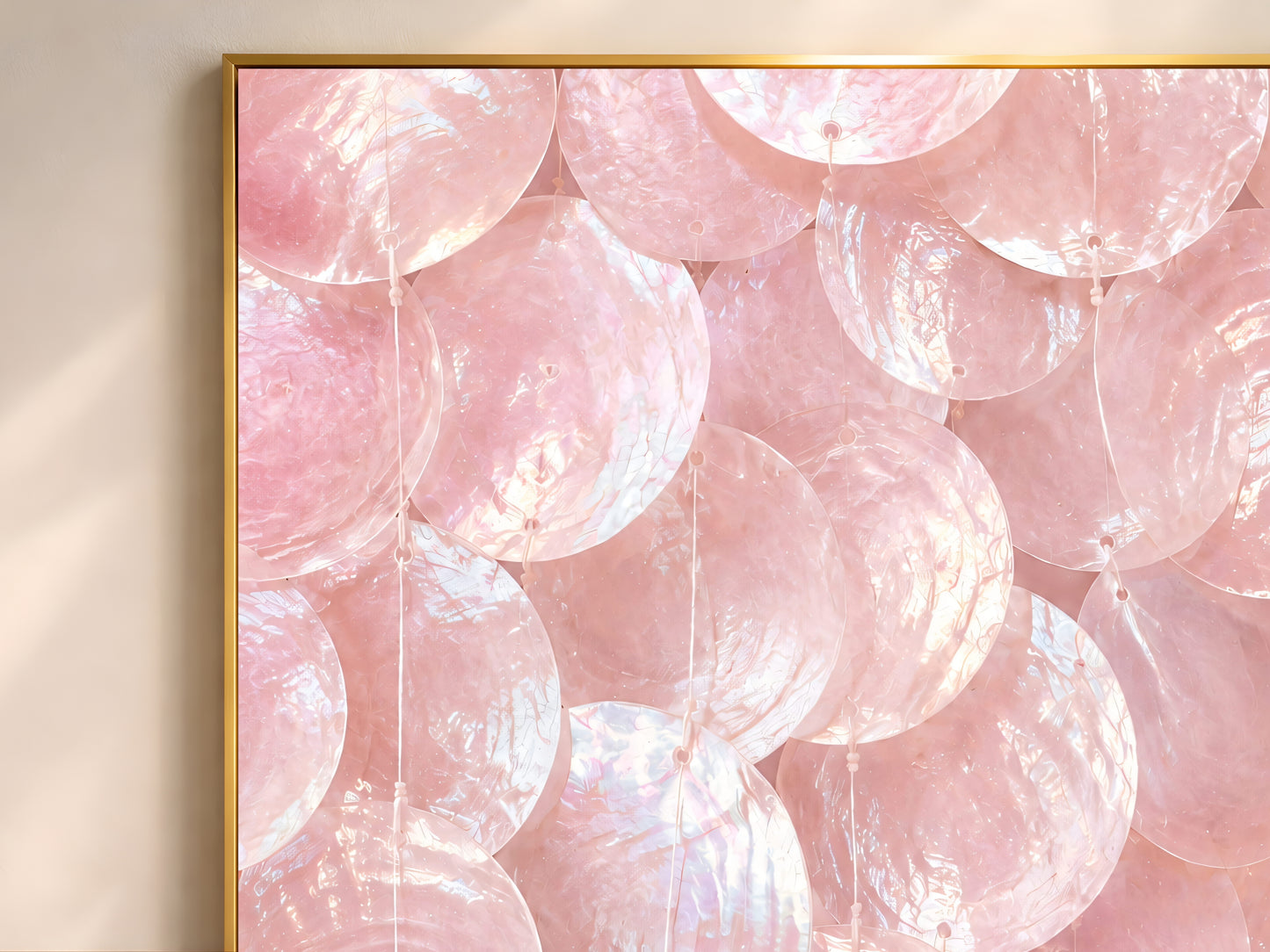 Close-up of pink iridescent capiz shell wall art print showing overlapping pearl-pink shell discs.
