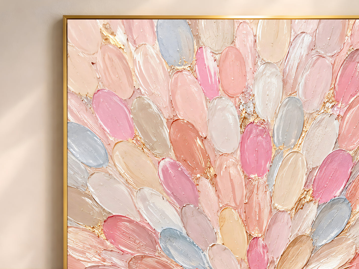 Close-up of an impasto dahlia print showing blush pink, powder blue, champagne gold, and cream petal texture.
