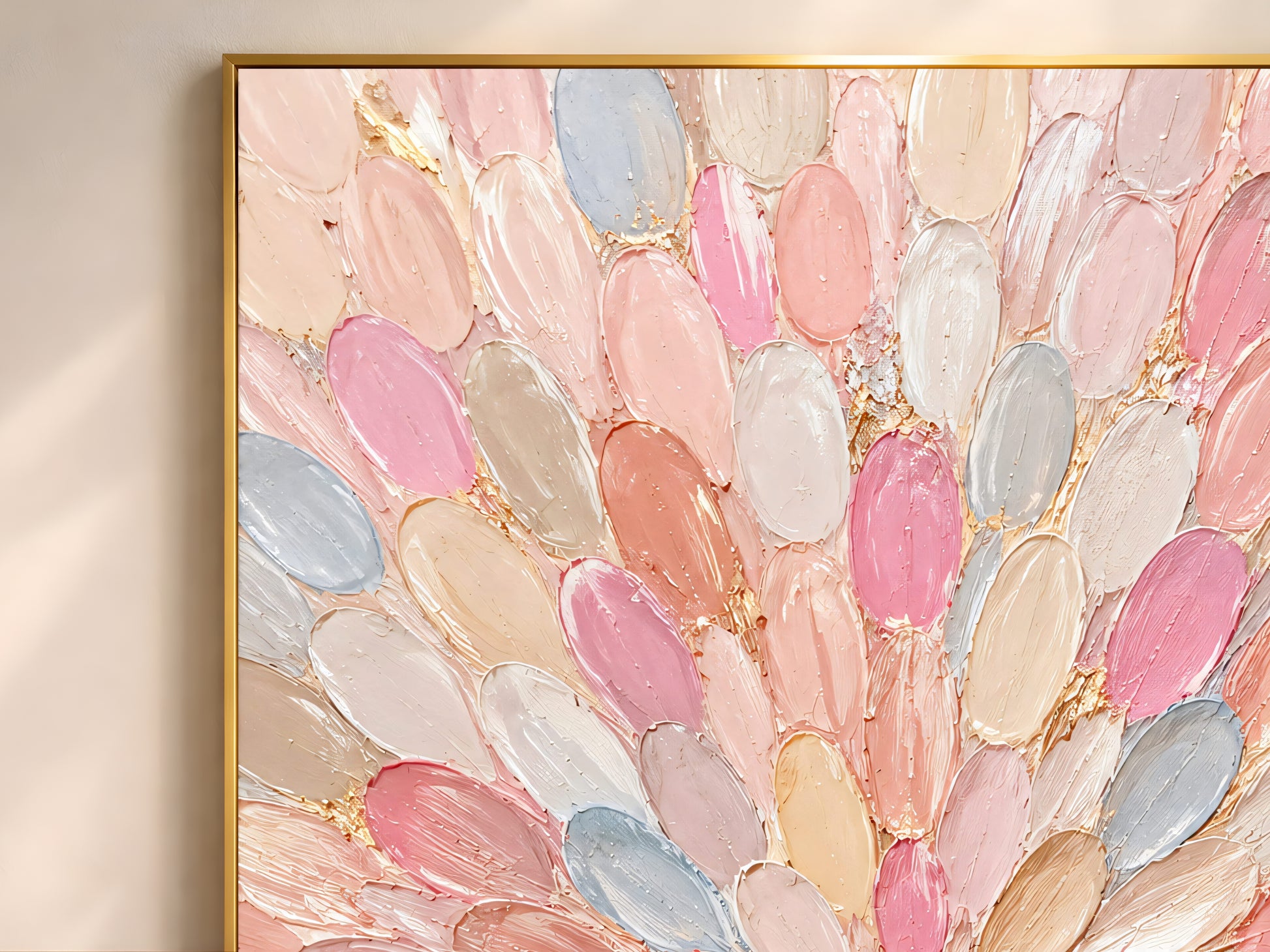 Close-up of an impasto dahlia print showing blush pink, powder blue, champagne gold, and cream petal texture.
