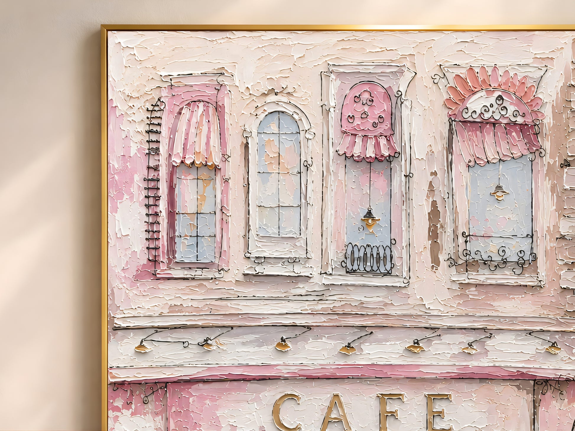 Close-up of impasto oil painting texture showing a pink storefront, striped awnings, and gold "CAFE" lettering
