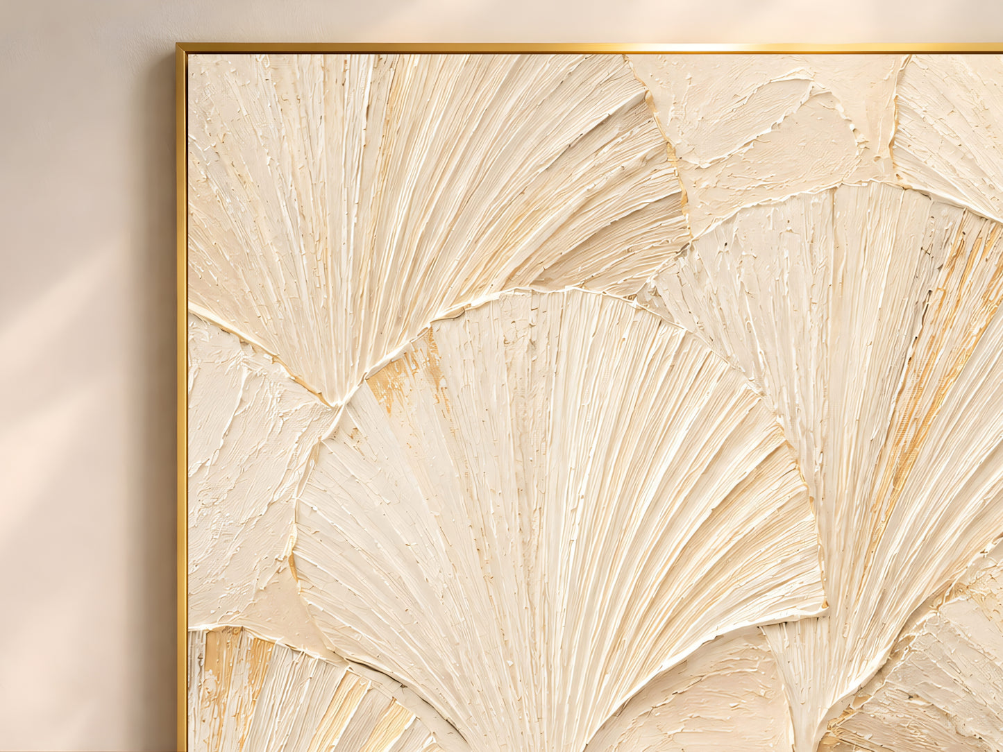 Close-up of the textured impasto ginkgo leaf pattern in cream, ivory, and soft gold.
