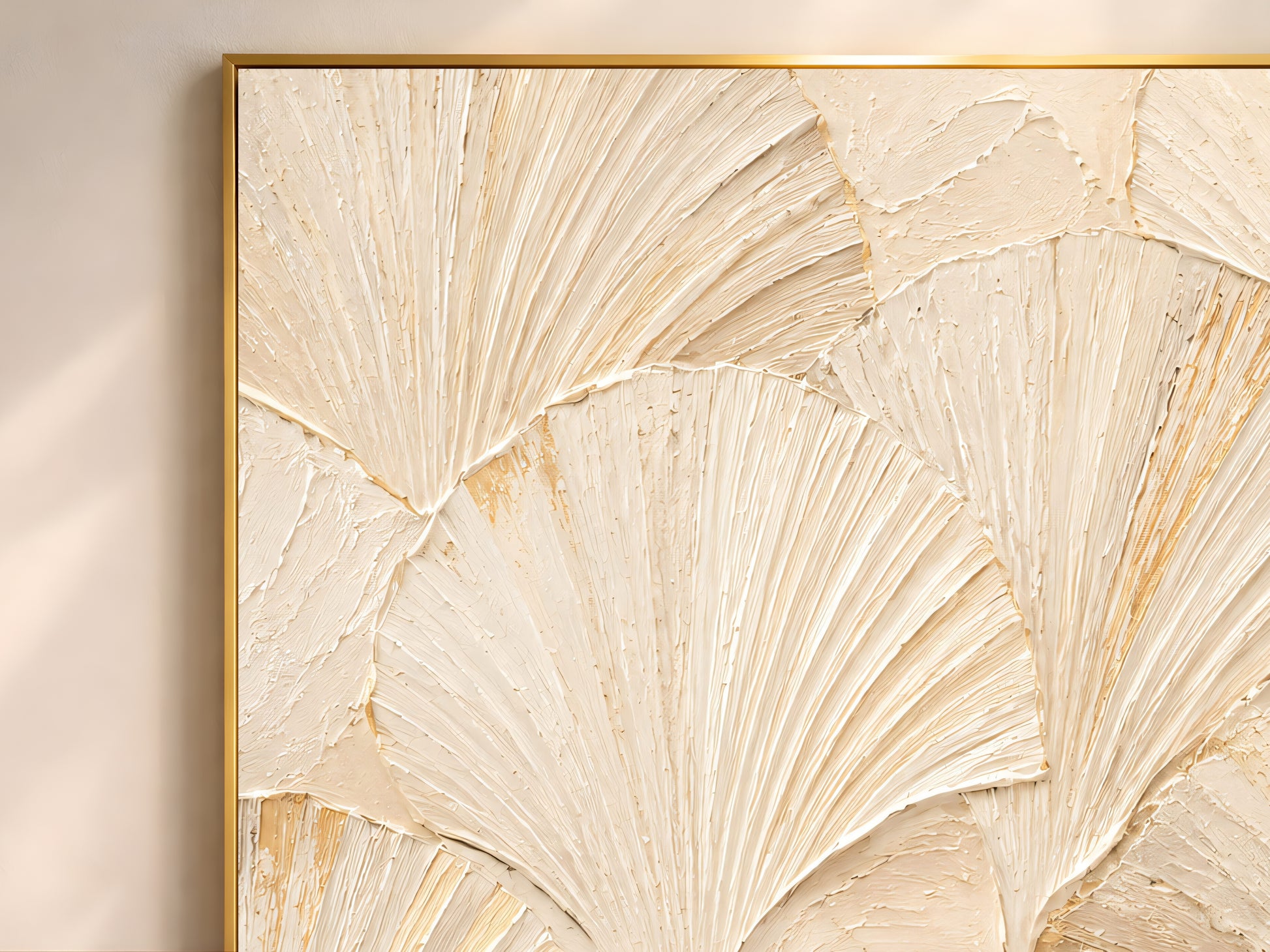 Close-up of the textured impasto ginkgo leaf pattern in cream, ivory, and soft gold.
