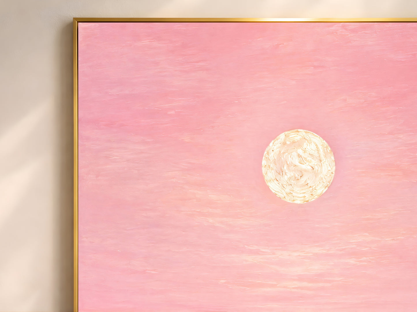 Pink capiz shell ocean wall art in wide gold frame, iridescent pearl wave closeup
