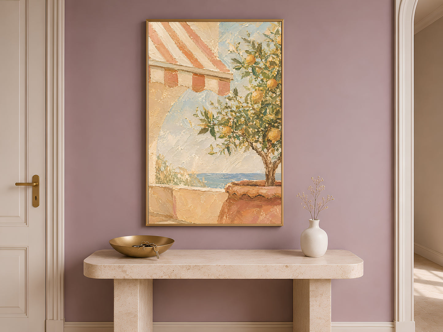 Mediterranean terrace wall art framed above a wooden entryway console table near a doorway
