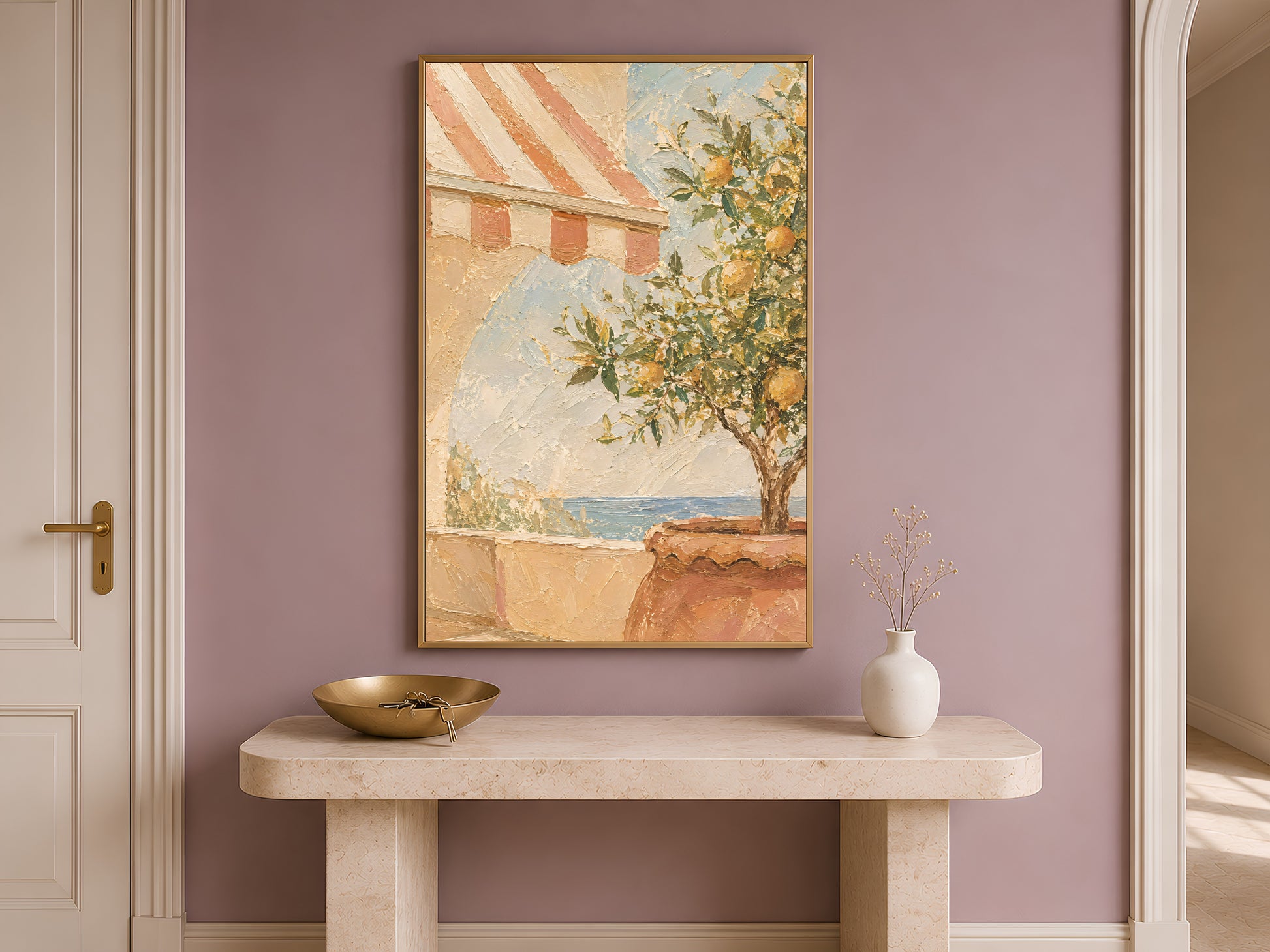 Mediterranean terrace wall art framed above a wooden entryway console table near a doorway
