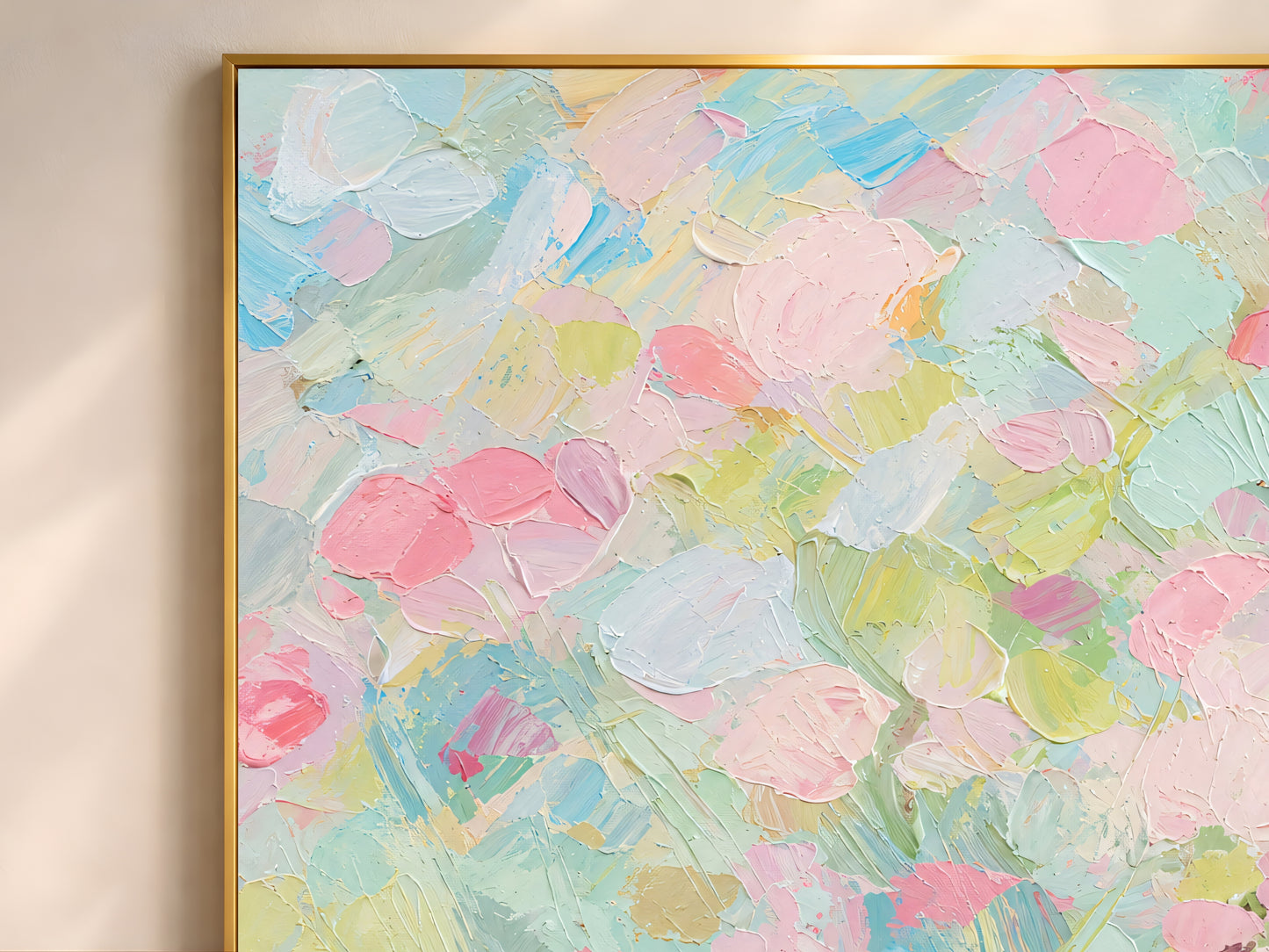 Pastel floral impasto wall art in wide gold frame, pink and mint blossom texture closeup
