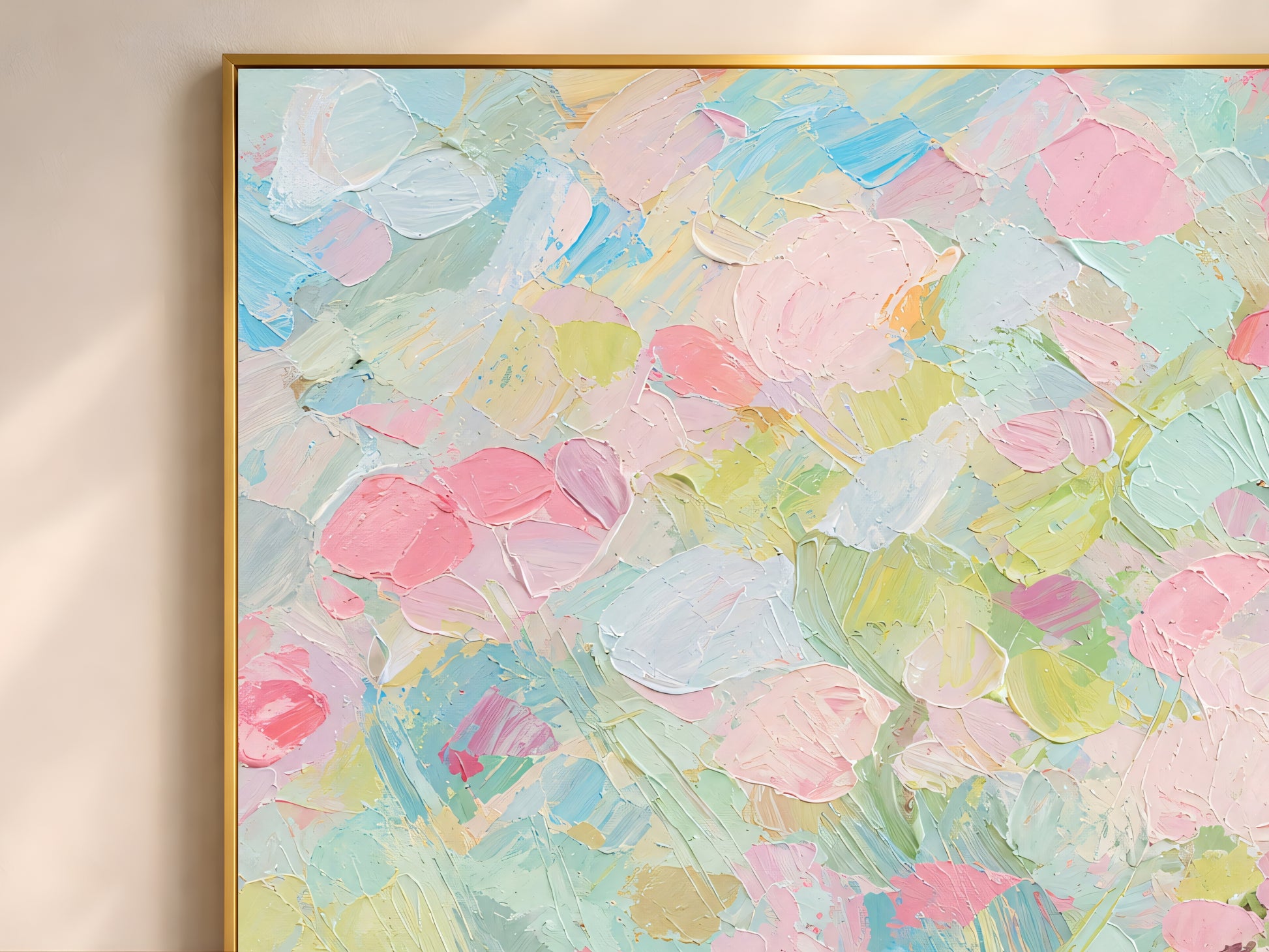 Pastel floral impasto wall art in wide gold frame, pink and mint blossom texture closeup
