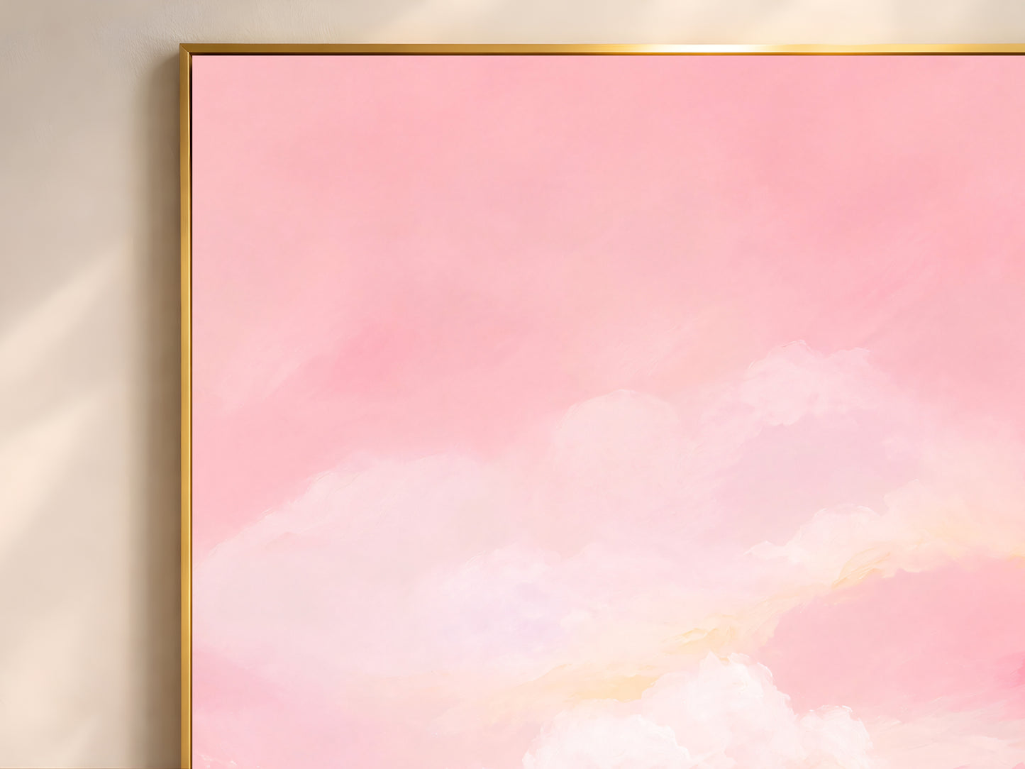 Pink sky marsh landscape print in gold frame, pink and green marsh painting closeup
