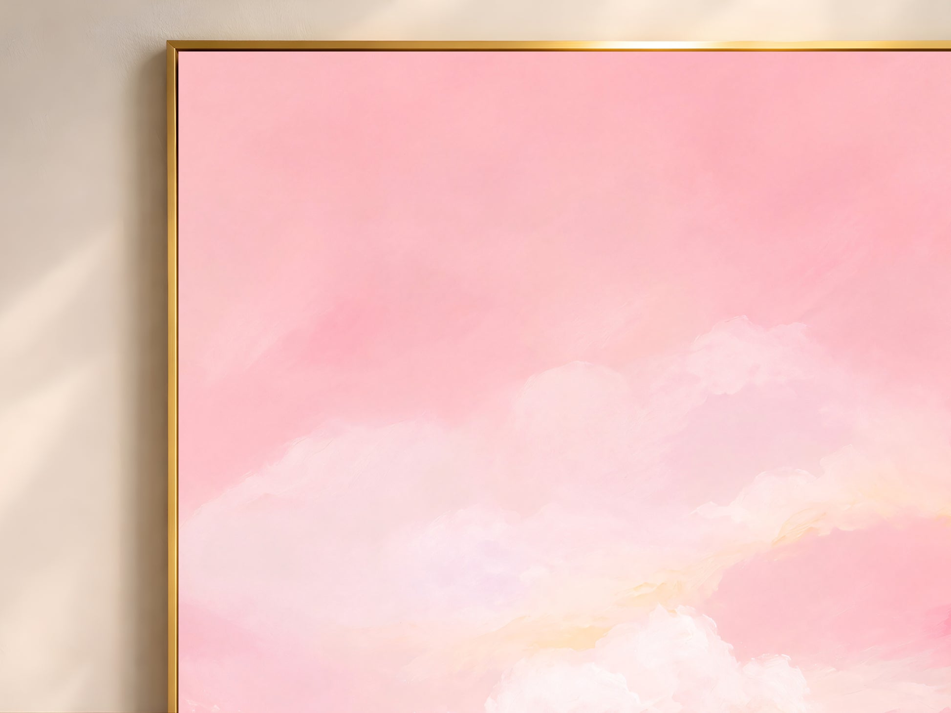 Pink sky marsh landscape print in gold frame, pink and green marsh painting closeup
