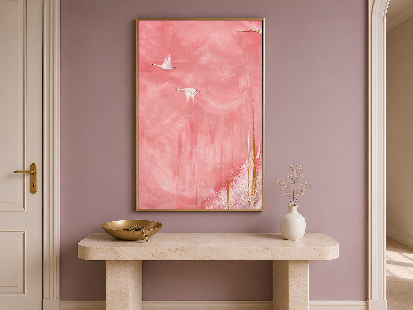 Flying cranes wall art hung above an entryway console table, pink sky Japandi bird painting print