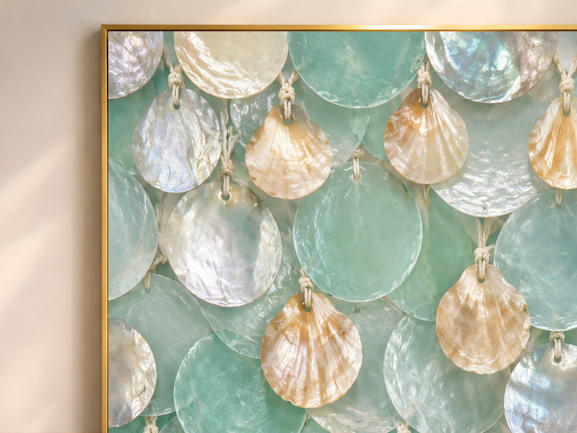 Close-up of seafoam capiz shell print showing sea glass green discs and honey tan scallop shell texture