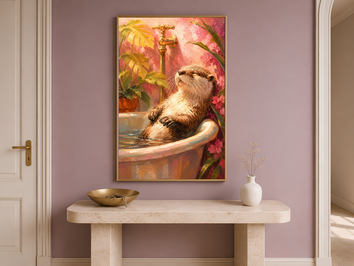 Otter in bathtub wall art framed in gold, hanging above a small wooden console table in a minimal hallway
