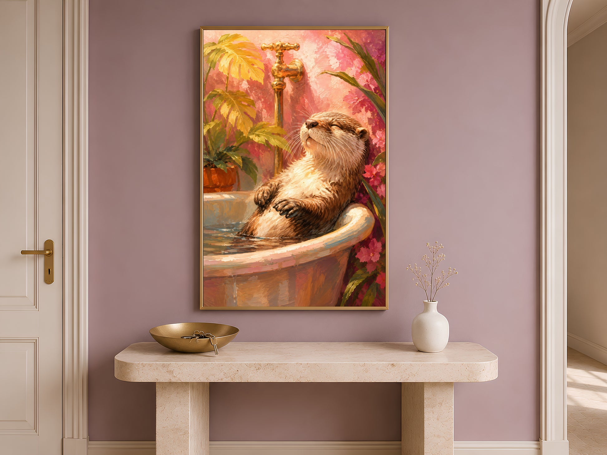 Otter in bathtub wall art framed in gold, hanging above a small wooden console table in a minimal hallway
