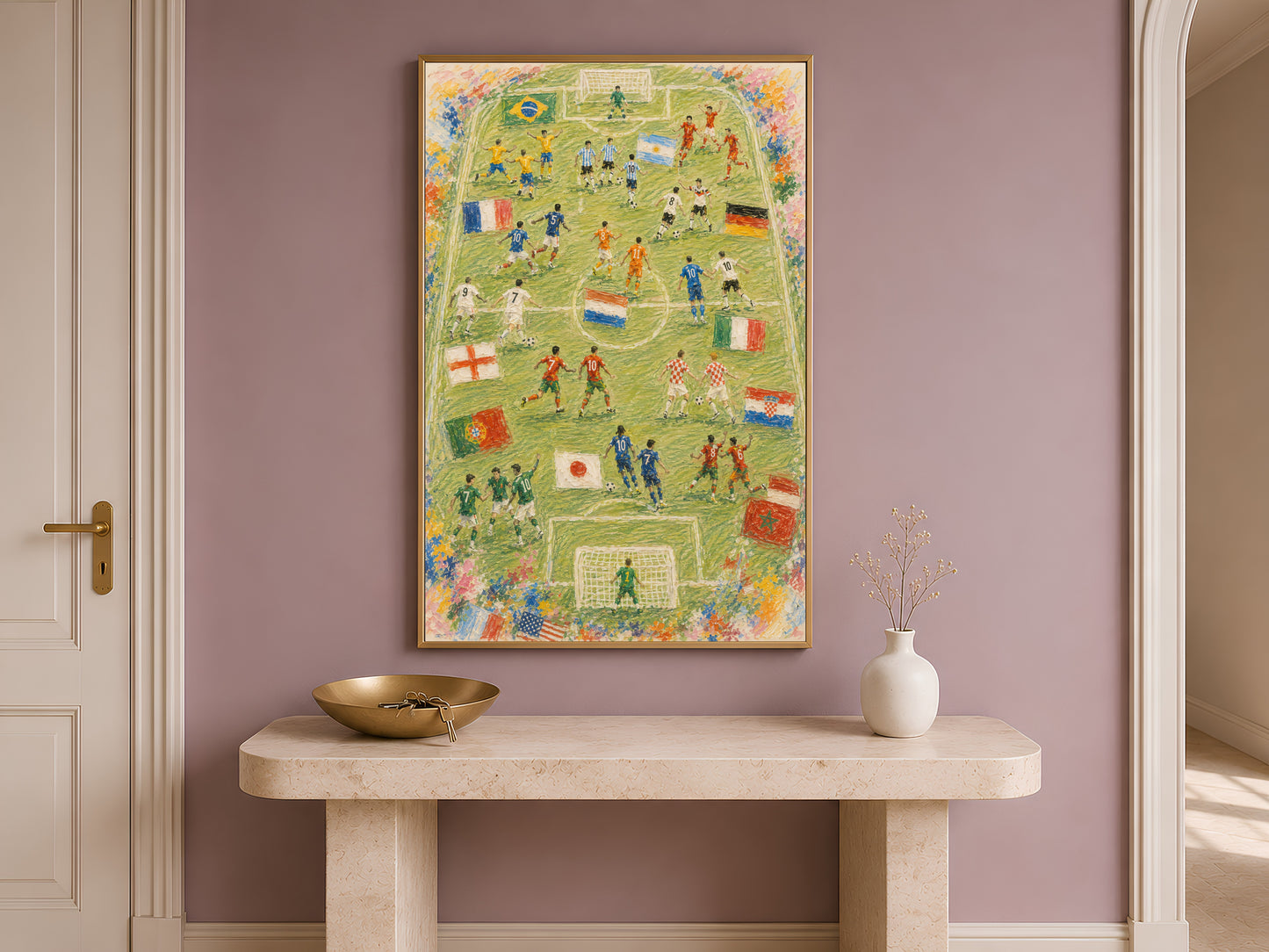Framed soccer World Cup painting print above console table, impasto style football wall art
