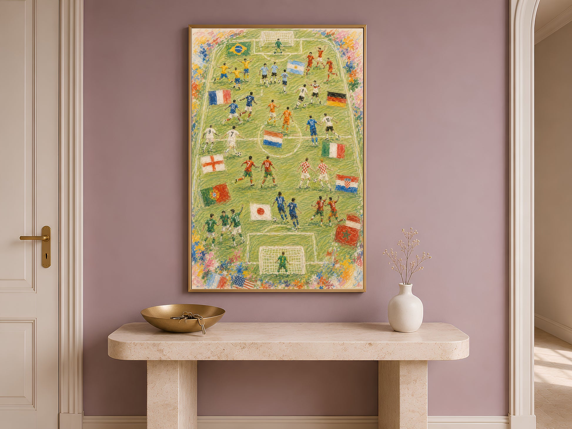 Framed soccer World Cup painting print above console table, impasto style football wall art
