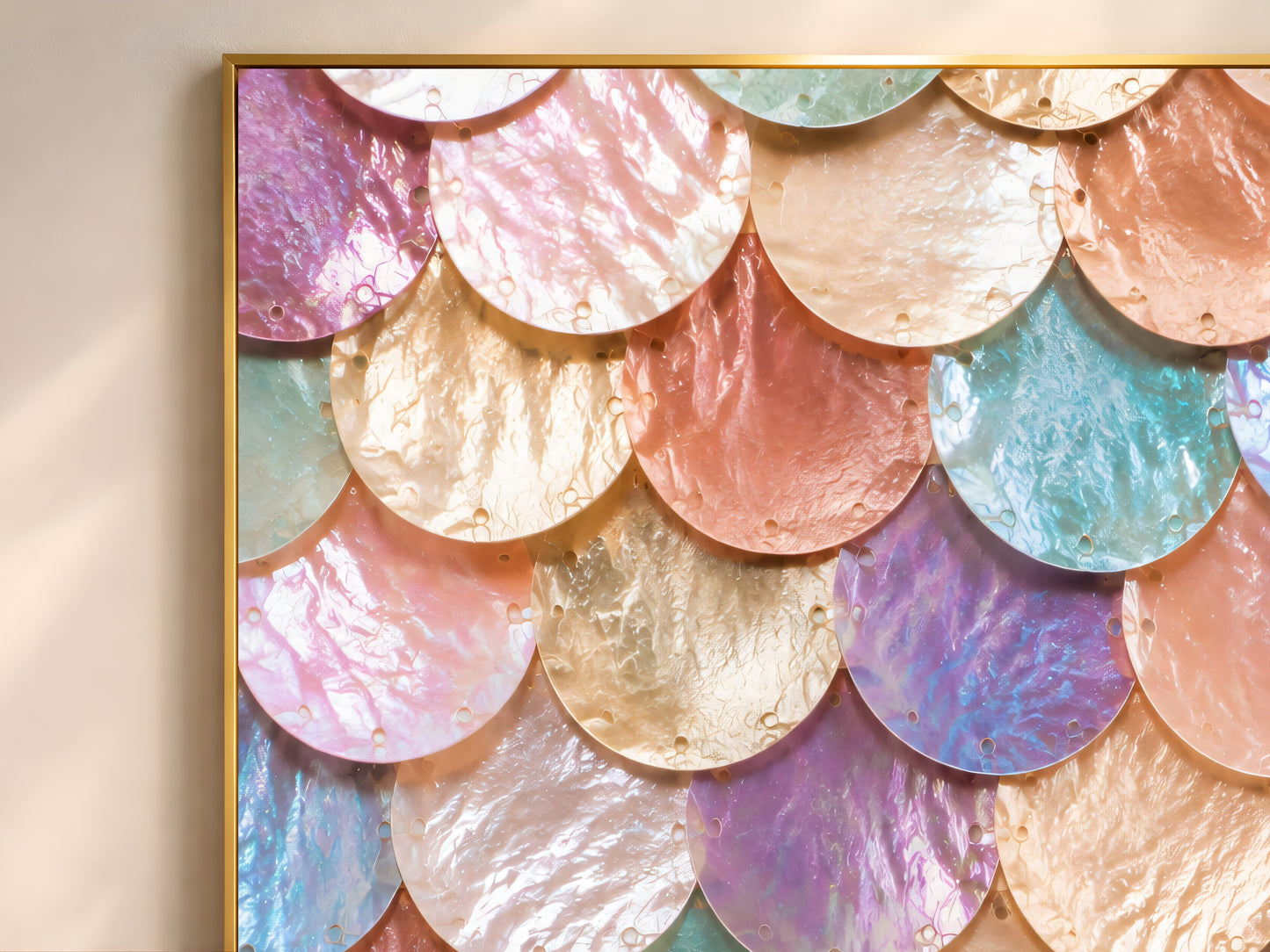 Close-up of rainbow iridescent mermaid scale print showing coral, lavender, teal, and gold scalloped texture
