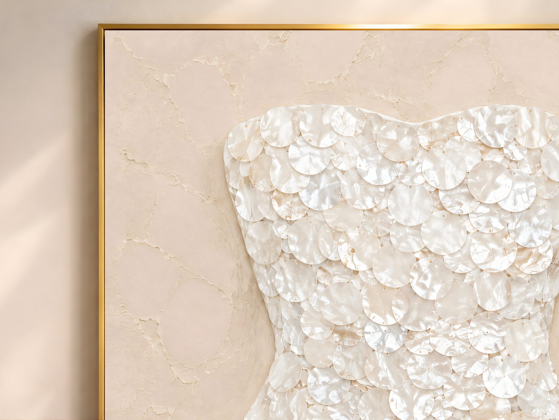 Close-up detail of iridescent ivory paillettes and sandy fringe on a sand beige framed art print.