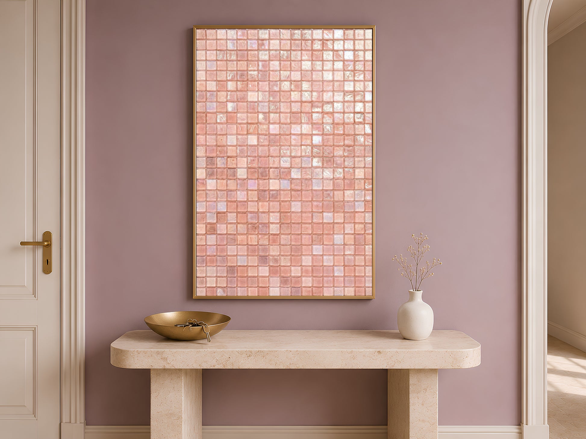 Pink glam mosaic print in a gold frame above an entryway console table with a decorative bowl
