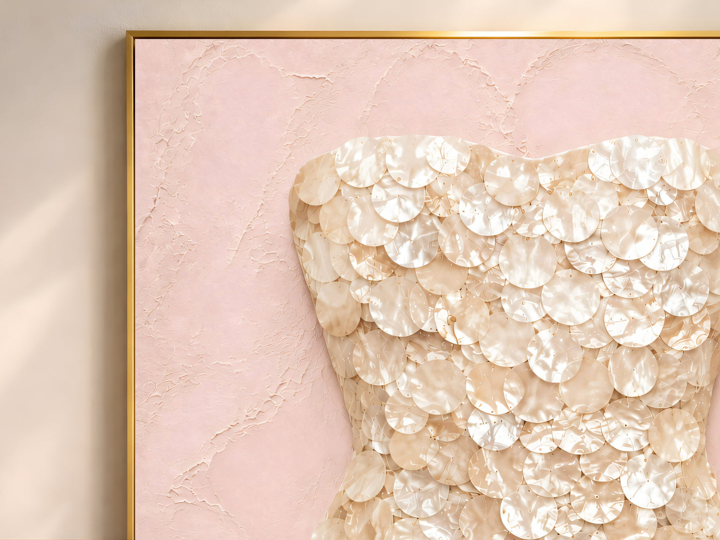 Champagne mother of pearl wall art framed in gold, hung above a freestanding tub in a sunlit bathroom.