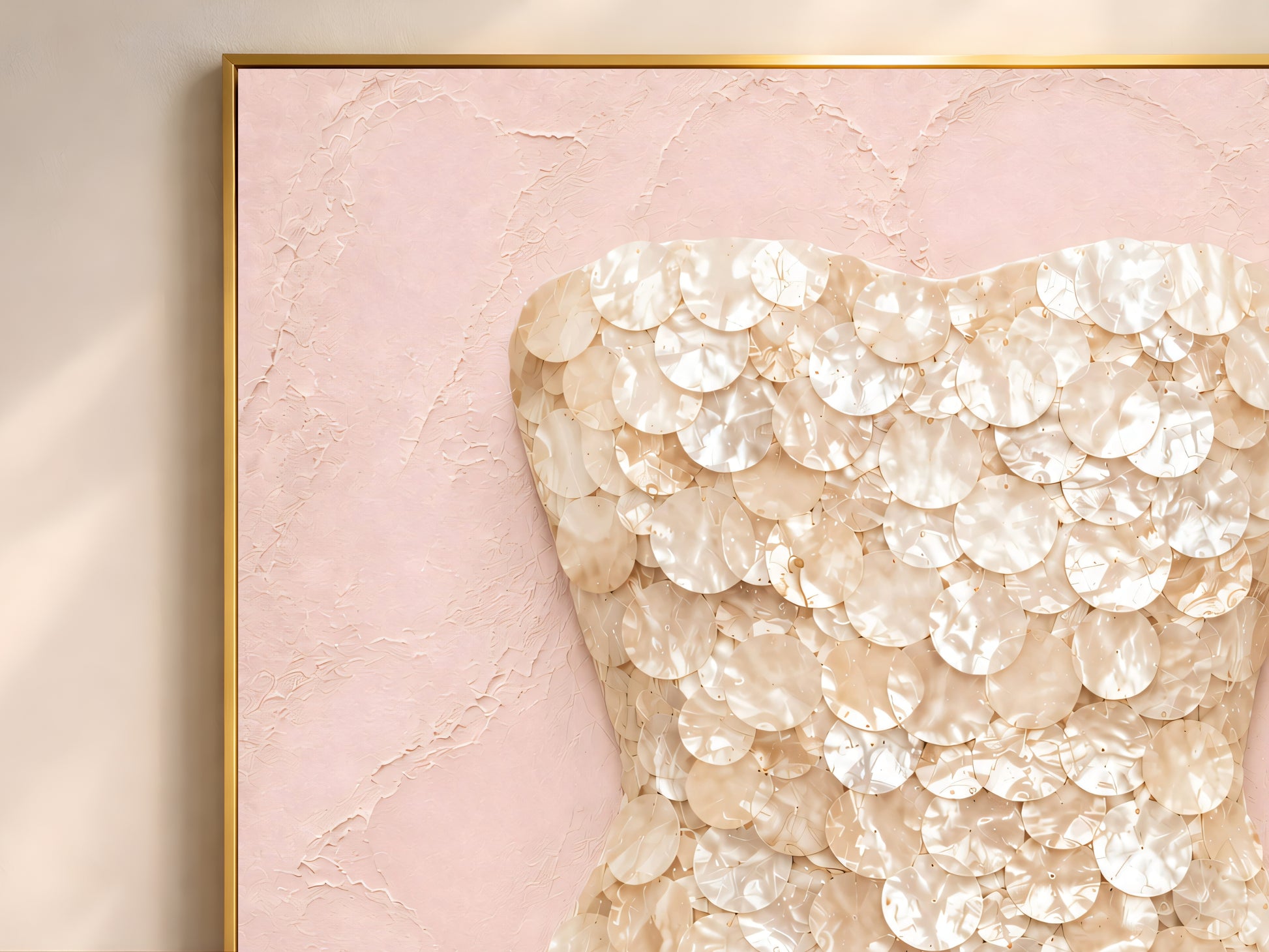Champagne mother of pearl wall art framed in gold, hung above a freestanding tub in a sunlit bathroom.