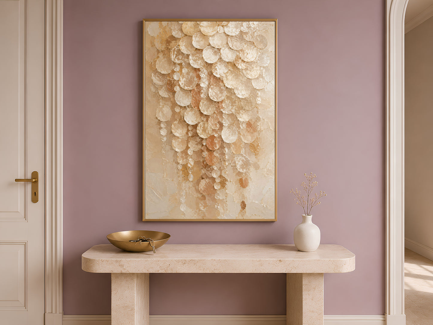 Cream capiz shell print on entryway console table with pampas grass
