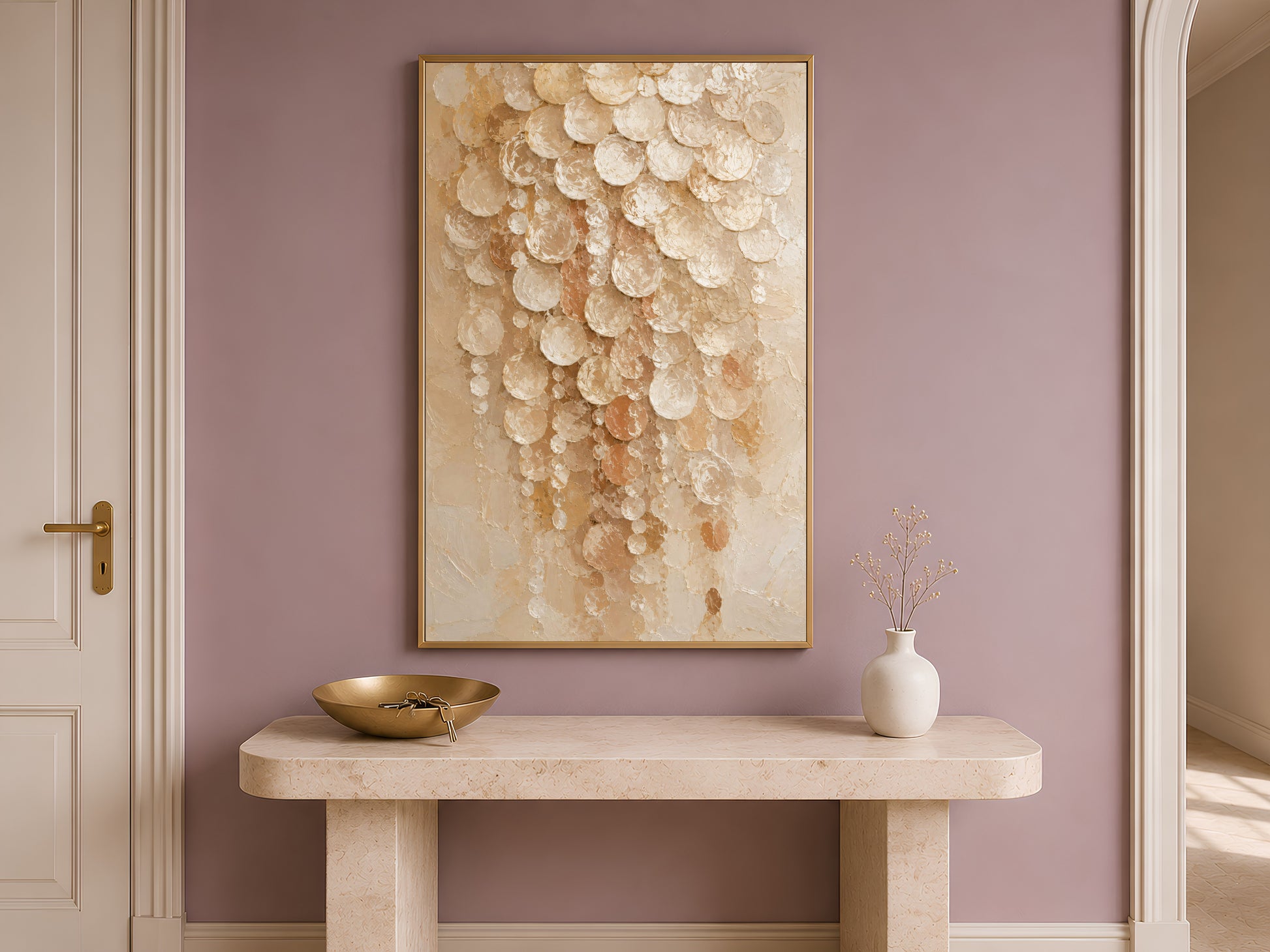 Cream capiz shell print on entryway console table with pampas grass
