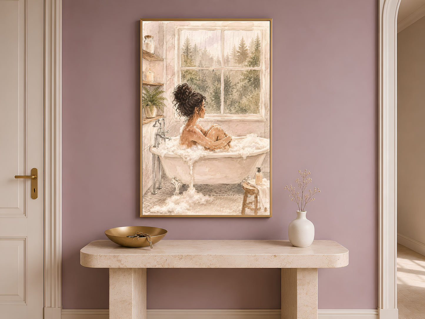 Self Care Bath Illustration, Woman in Bathtub Watercolor Print - Digital Download