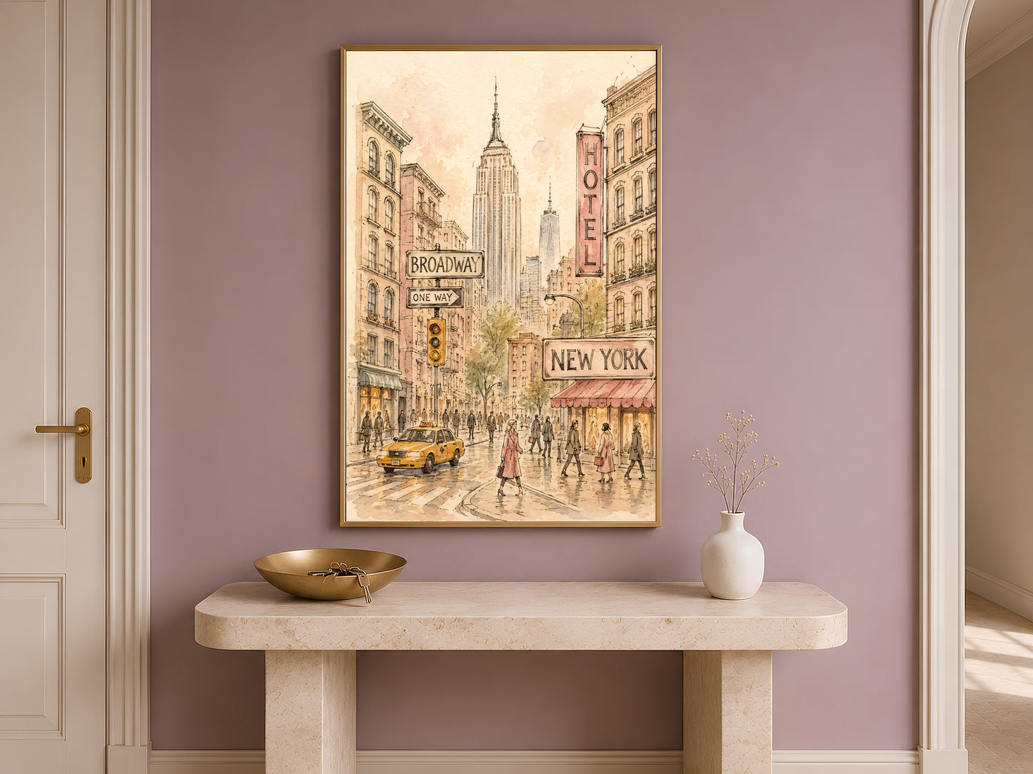 Framed New York watercolor sketch print above console table in entryway wall decor