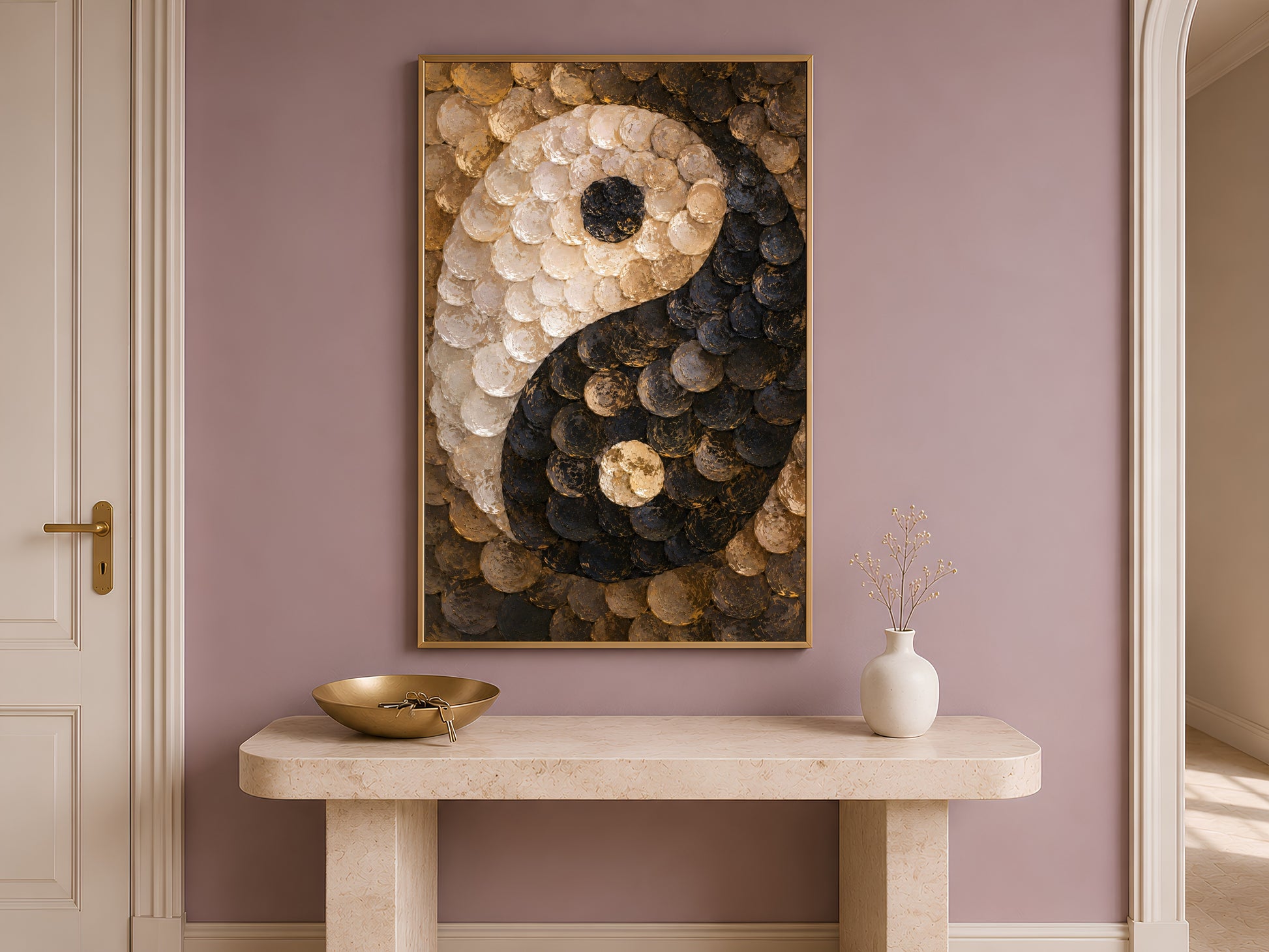 Capiz shell yin yang art above console table in entryway with vase