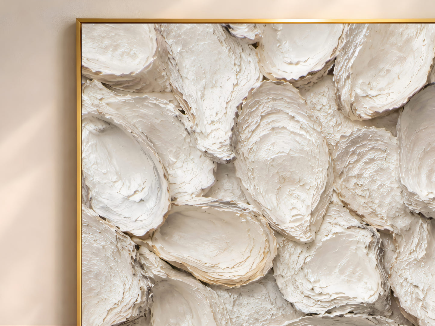 Close-up of the whitewashed oyster shell mosaic print showing the matte, ridged natural texture in a thin gold frame.